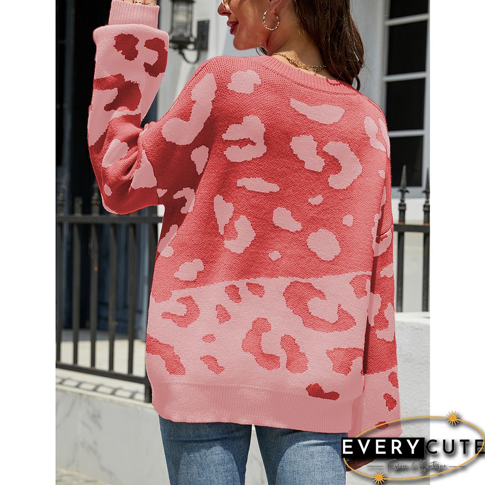 Pink Leopard Print Color Block Pullover Sweater