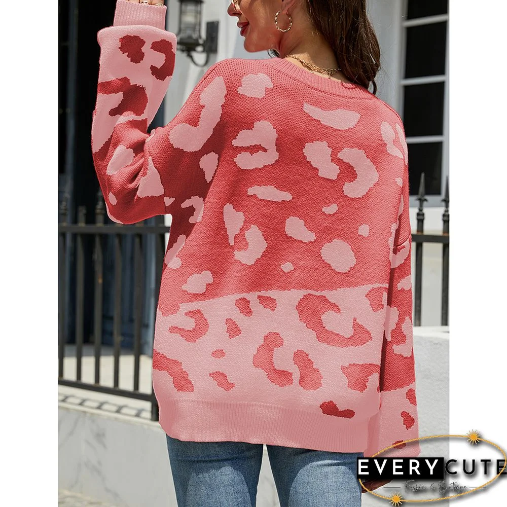 Pink Leopard Print Color Block Pullover Sweater