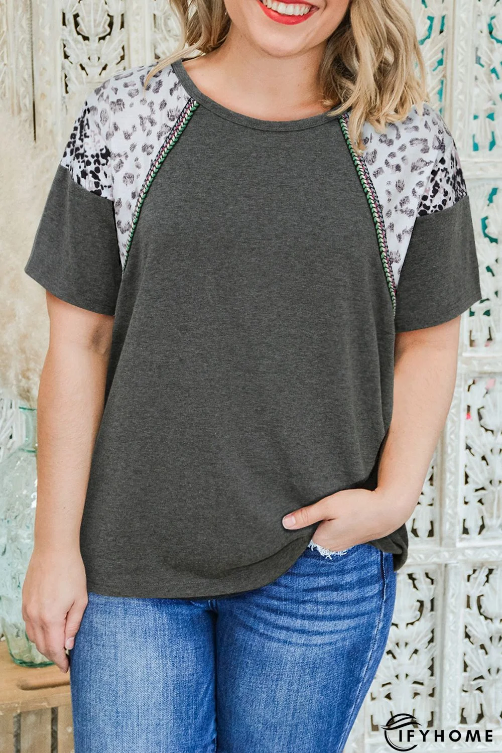 Gray Plus Size Distressed Mix Print Sleeve Tee | IFYHOME