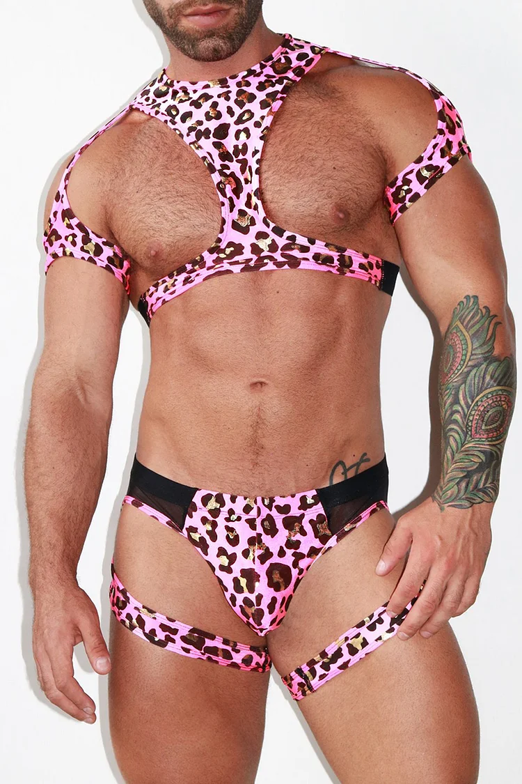 Ciciful Leopard Print See Through Mesh Patchwork Pink Sling Jockstrap Suit