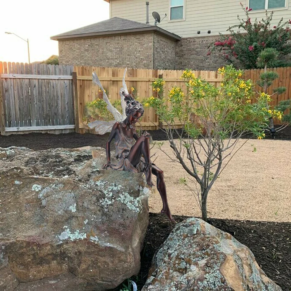 Flower Fairy Sculpture Yard Landscaping Resin Turek Sitting Statue (Black)
