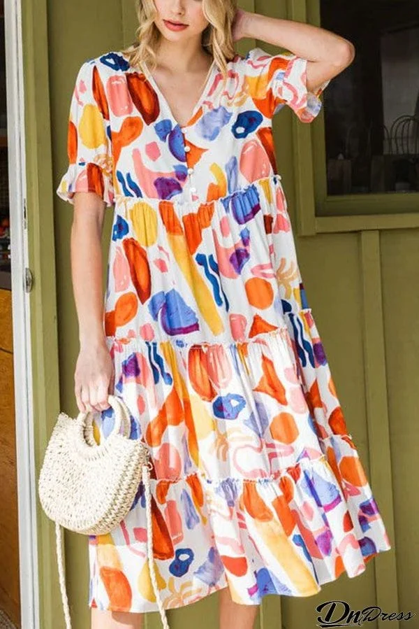 Madison Colorful Print Tiered Midi Dress