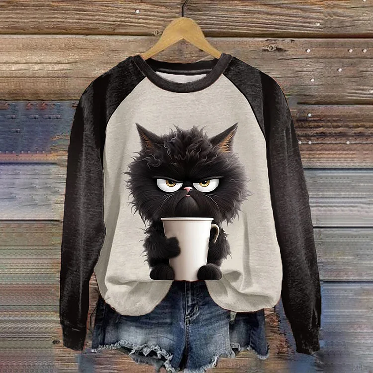Comstylish Cute Cat Print Round Neck Long Sleeve Sweatshirt
