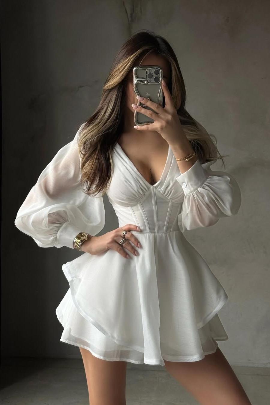 Oknass White Long Sleeves V Neck Short Prom Dress With Ruffles Pleated 