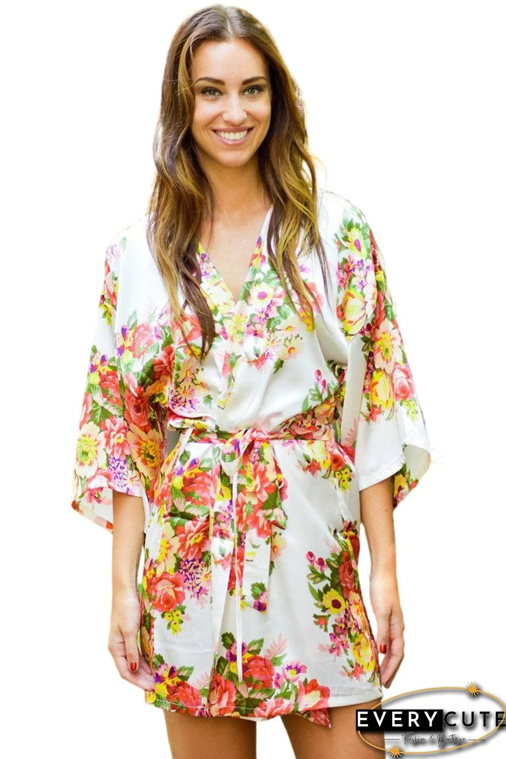 White Floral Bundles Robe with Belt