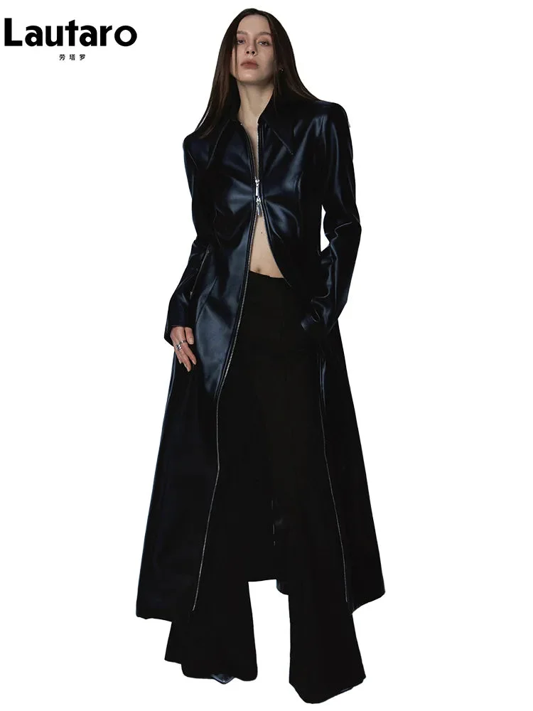 Huiketi Spring Autumn Extra Long Luxury Black Soft Pu Leather Overcoat for Women with Zipper Cool Runway European Fashion 2023