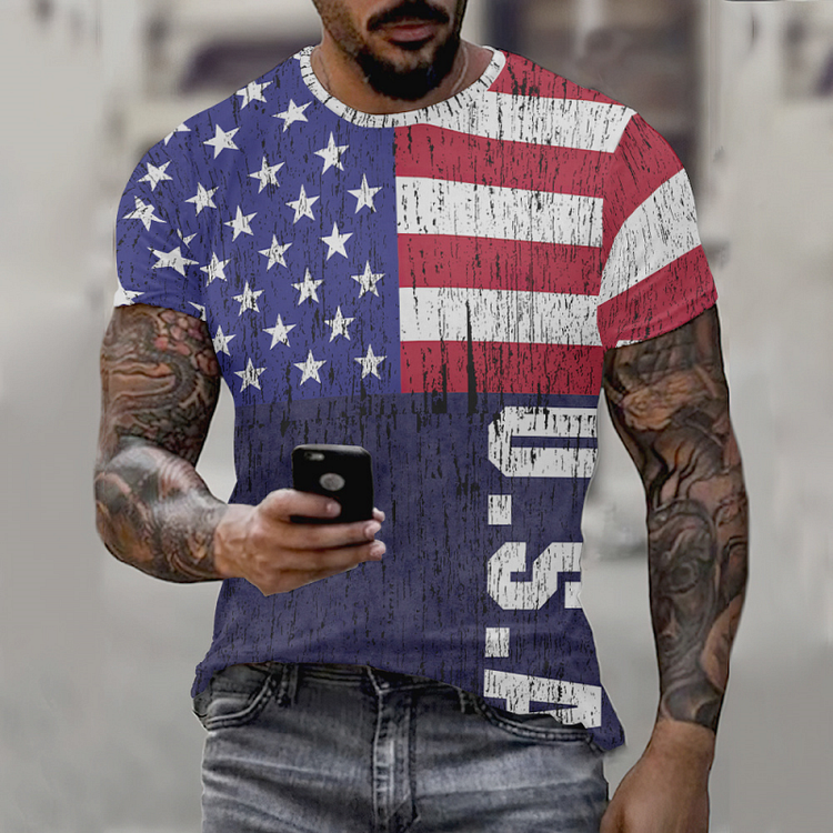 Flag of the US Pattern Summer Vintage Casual Short Sleeve Mens T-Shirts at Hiphopee