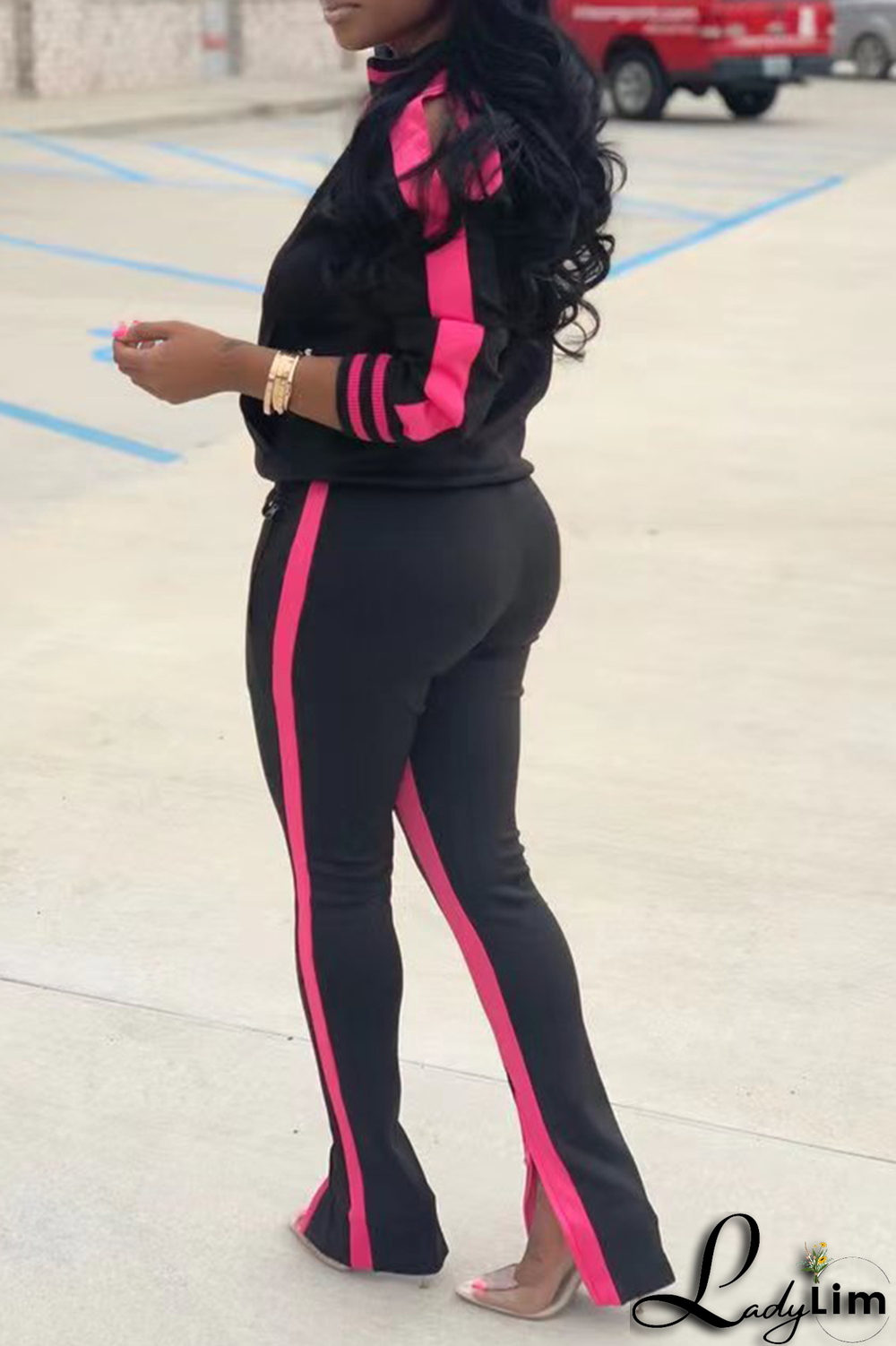 Black Yellow Casual Print Slit Zipper Collar Long Sleeve Two Pieces