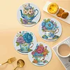 4PCS Diamond Painted Wooden Teapot Placemats Insulated Dish Mats with Holder
