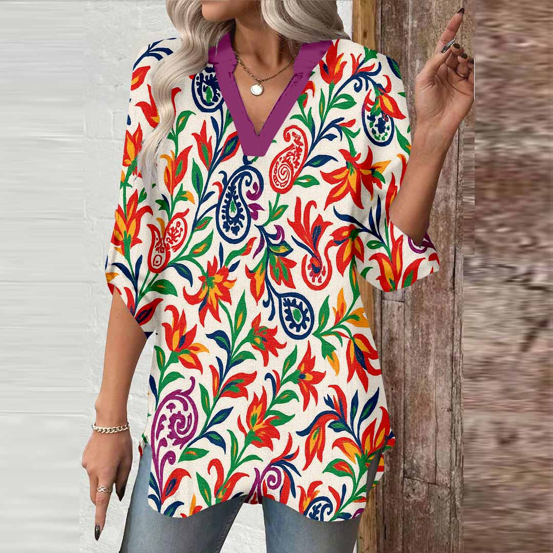 Women Floral, Green, Orange DZGA0082 3/4 Sleeve V-neck Printed Graphic Button Tops