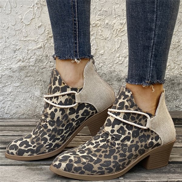 Women's leopard print color retro shoes casual shoes thick heel high heels pointed toe short boots plus size 35-43 - Shop Trendy Women's Clothing | LoverChic