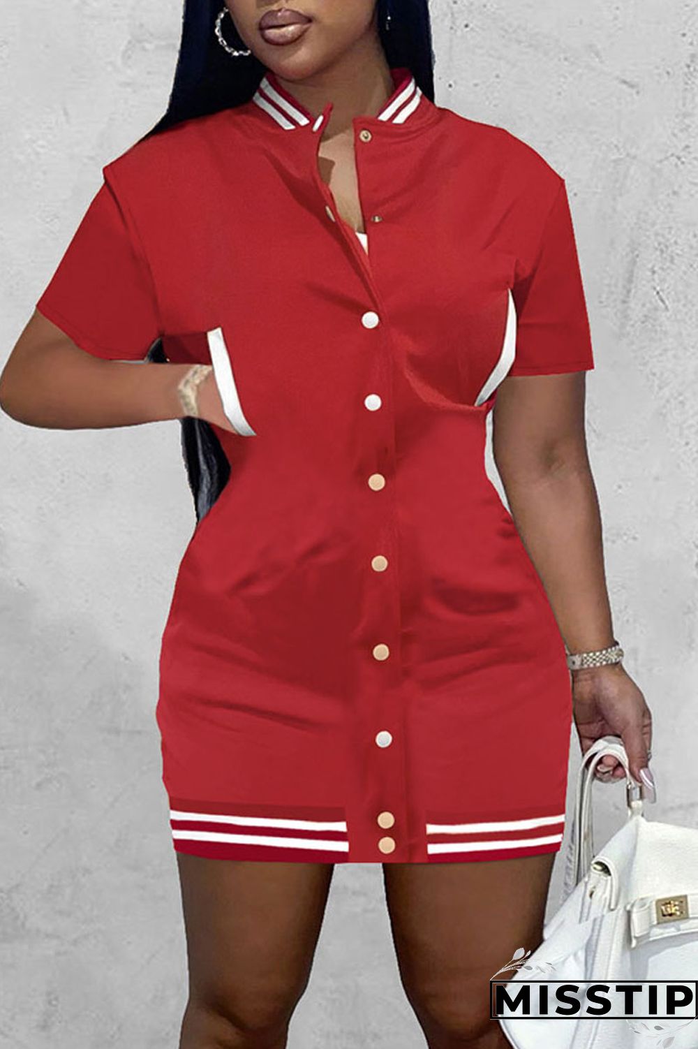 Red Casual Solid Patchwork Pocket Buckle Dresses
