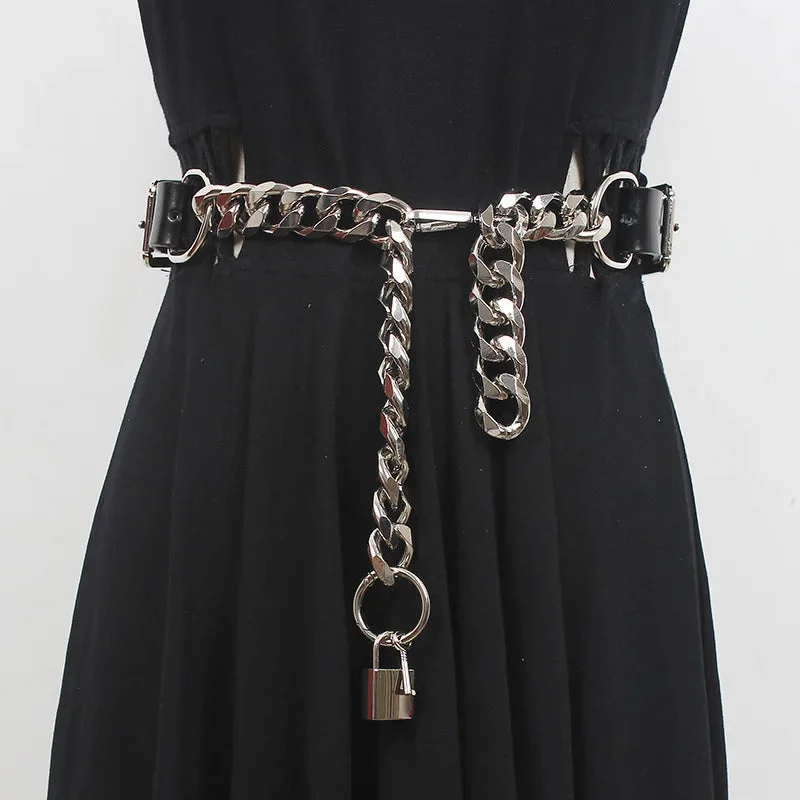 Brownm Lock Faux Leather Chain Belt