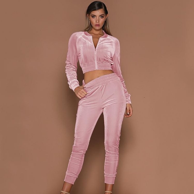 TWO-PIECE SPORTS SET WITH SOLID COLOR ZIPPER BINDING FEET