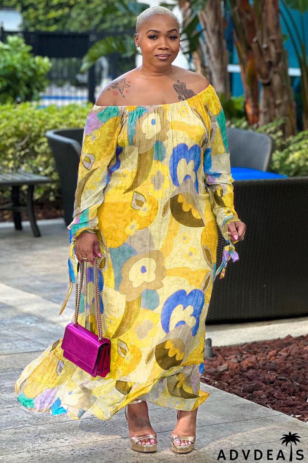 Abstract Floral Print Off Shoulder Long Sleeve Vacation Maxi Dress