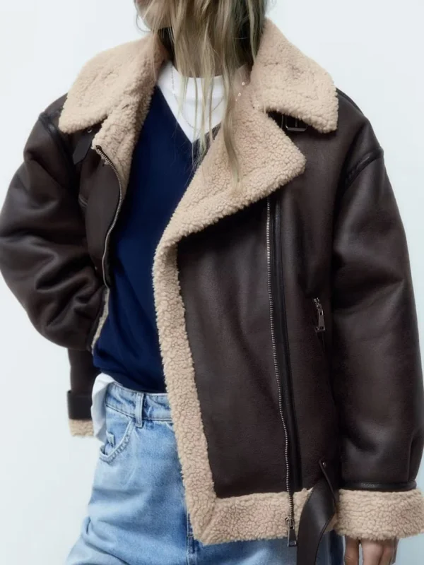 New women's belted reversible leather jacket Flusfy