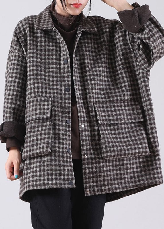 Classy Khaki PeterPan Collar Plaid Warm Fleece Winter Coat CK1057- Fabulory