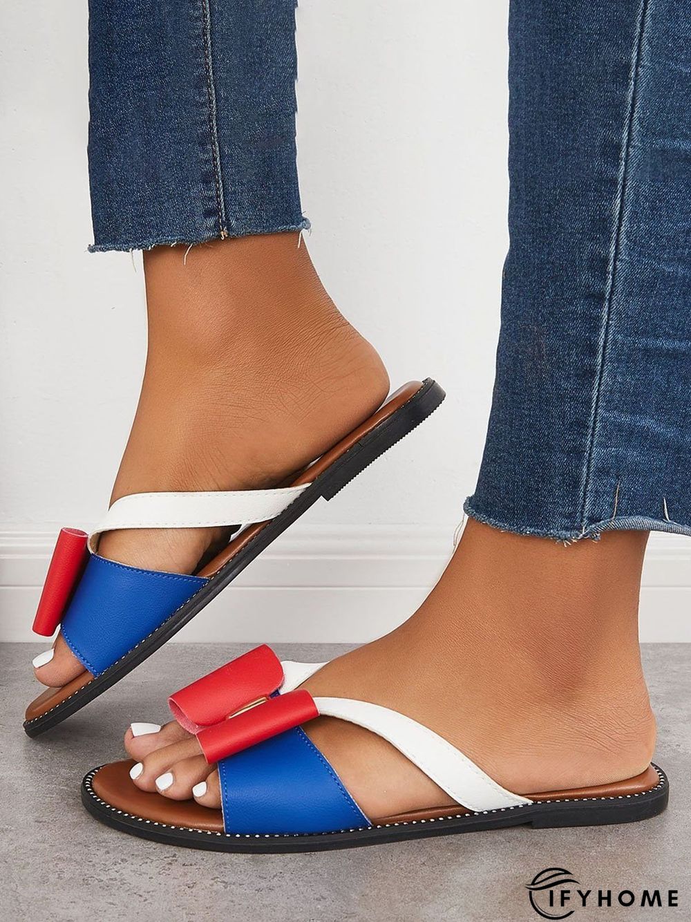 Contrast Paneled Bow Flat Slippers | IFYHOME