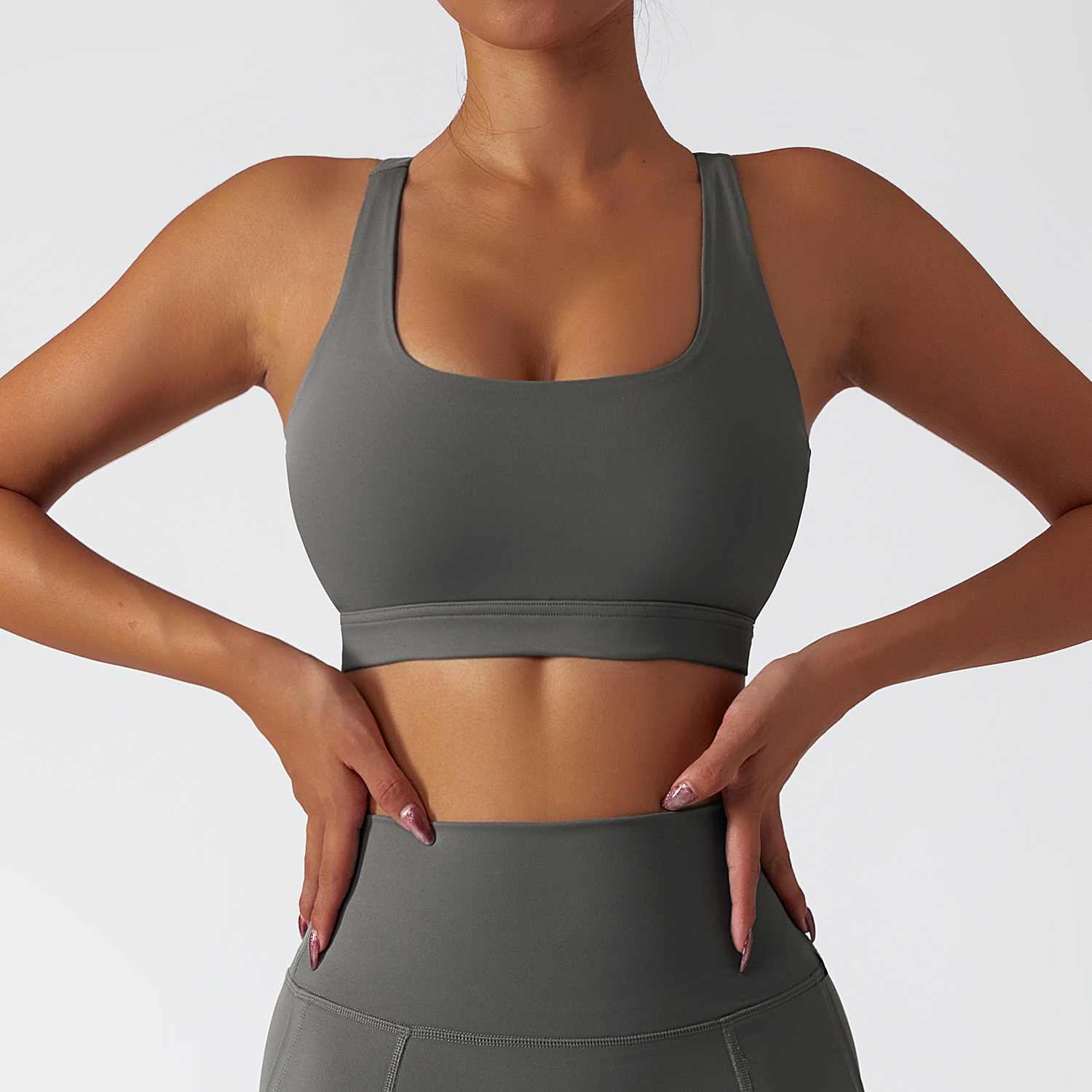 Buy Hergymclothing Moonstone Gray eco friendly sustainable recycled fabric high impact racer back sports bra online