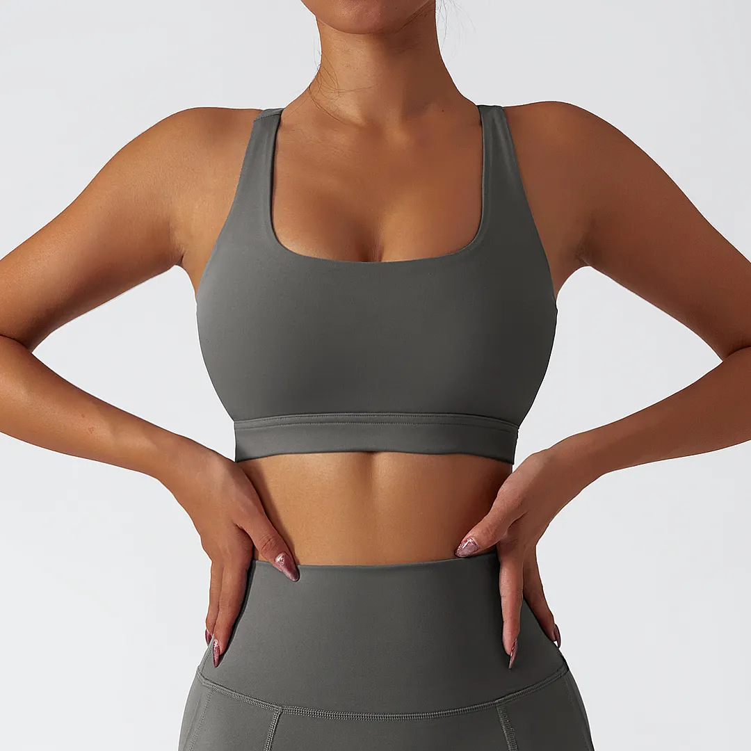 Buy Hergymclothing Moonstone Gray eco friendly sustainable recycled fabric high impact racer back sports bra online