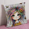 Quirky Girl 11CT Stamped Cross Stitch Pillow Cover Kit 3-Strand Embroidery with Zipper 45x45cm