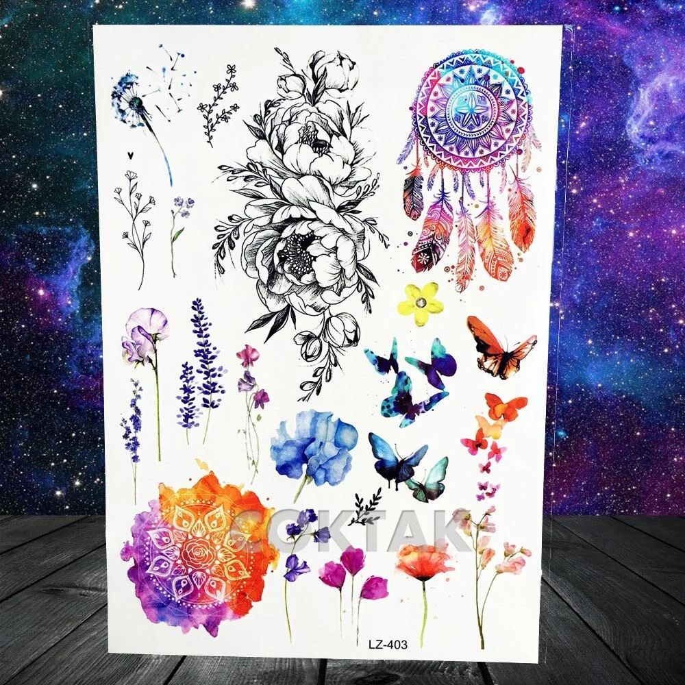 COKTAK Sexy Watercolor Lavender SweetPeas Flower Blossom Temporary Tattoos Sticker Fake Tattoo For Women Girl Art Daisy Tatoos