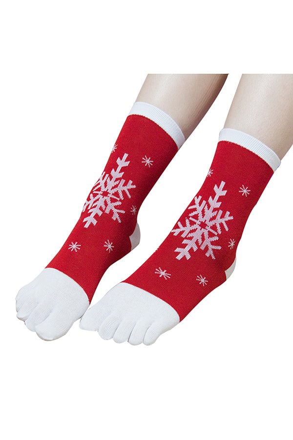 Cute Snowflake Print Color Block Christmas Toe Socks Red-elleschic