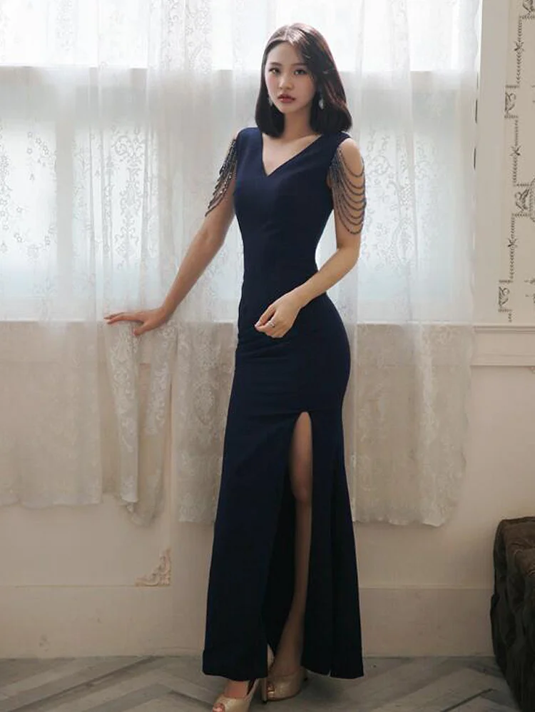 Mermaid Navy Double V Neck Evening Dress with Slit Sleeveless Satin Prom Gowns