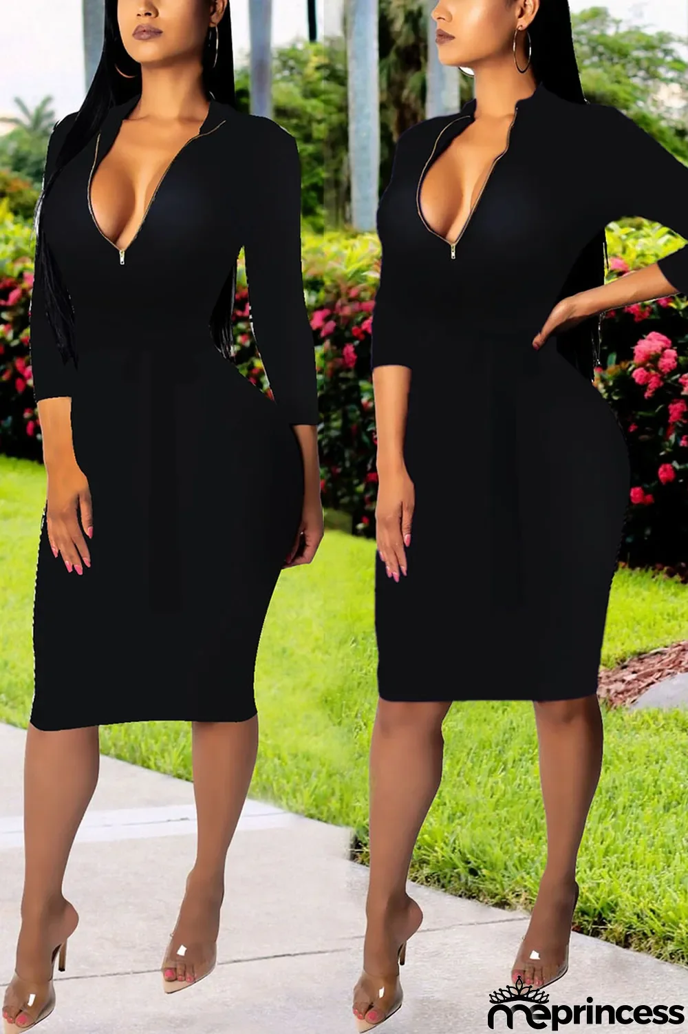 Black Sexy Solid Split Joint O Neck Pencil Skirt Dresses