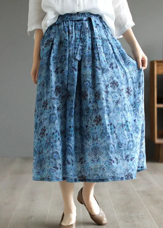 Blue Print Pockets Patchwork Linen Skirt Wrinkled Tie Waist Summer