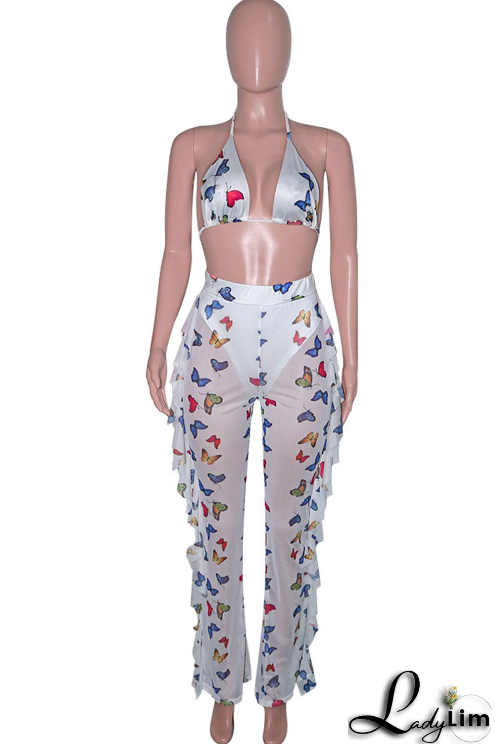 Pink Sexy Print Split Joint Flounce Halter Sleeveless Two Pieces