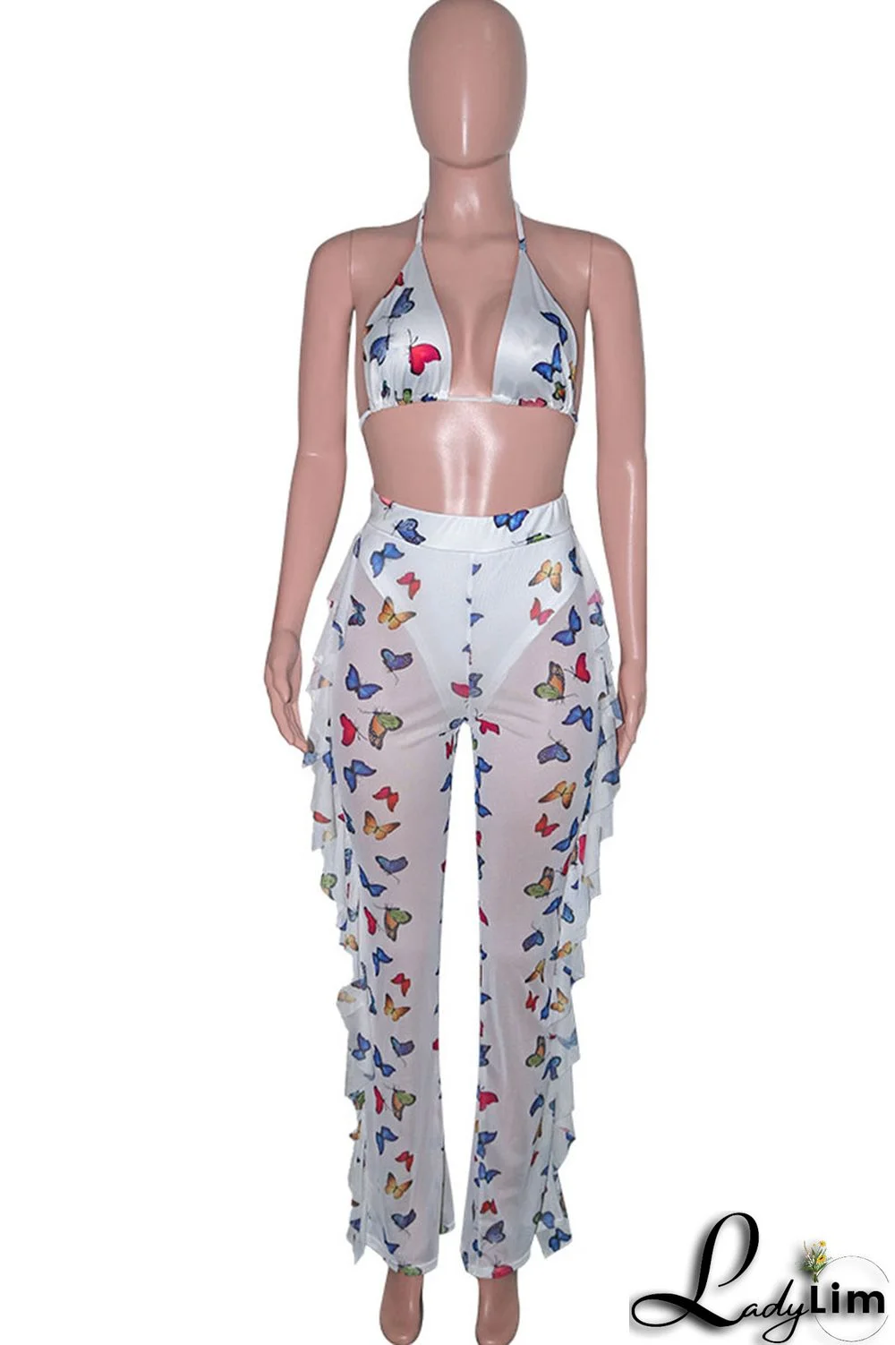 Pink Sexy Print Split Joint Flounce Halter Sleeveless Two Pieces