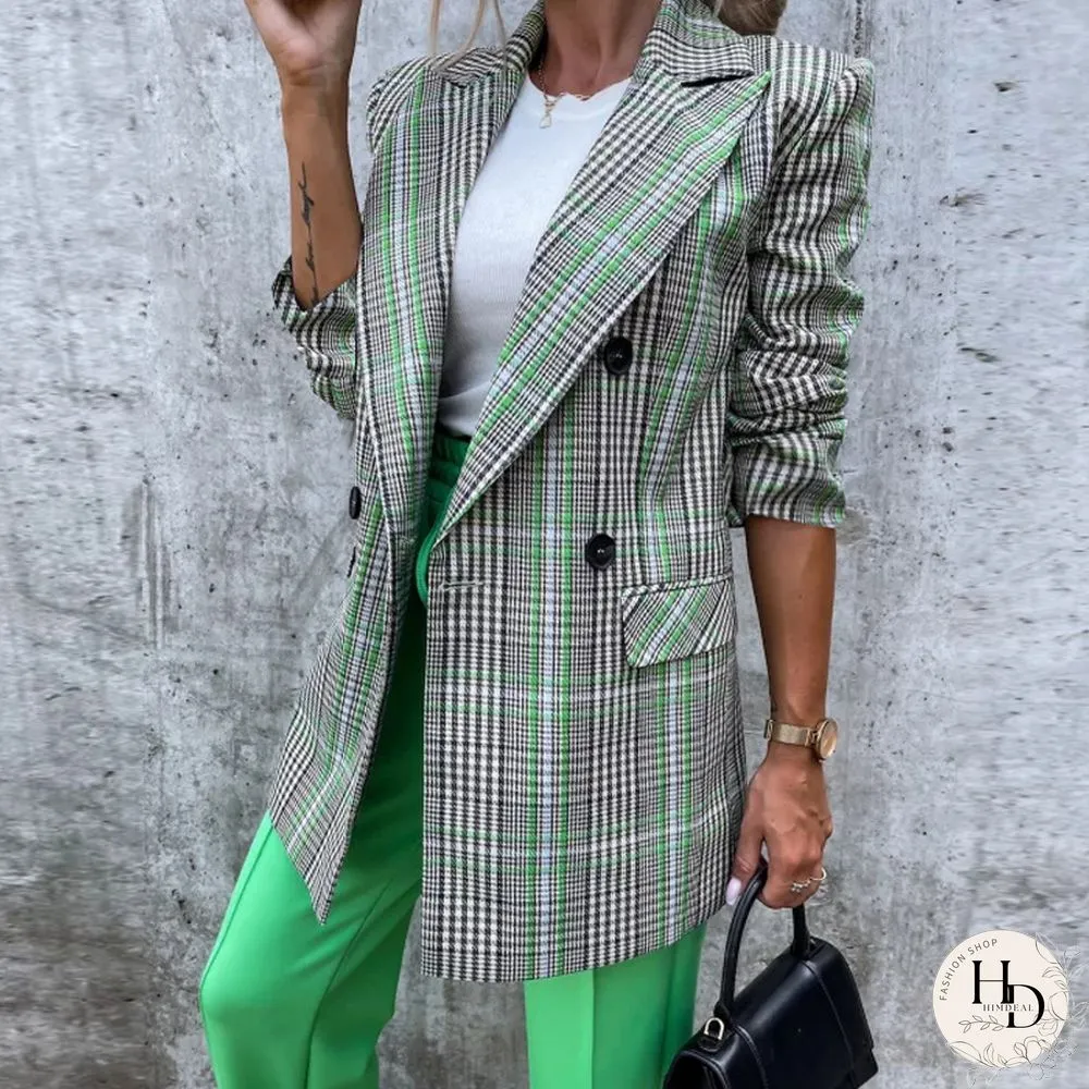 Womens Elegant Commute Street Blazer Fashion Casual Loose Ladies Plaid Print Coat Fall