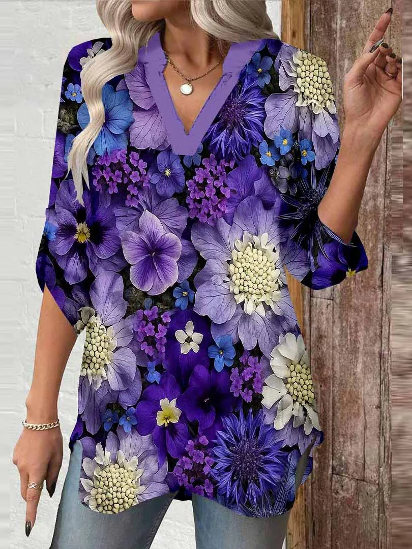 Women Floral,Purple,Gold DZGA0737 3/4 Sleeve V-neck Printed Graphic Button Tops