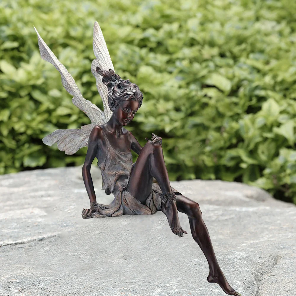 Flower Fairy Sculpture Yard Landscaping Resin Turek Sitting Statue (Black)