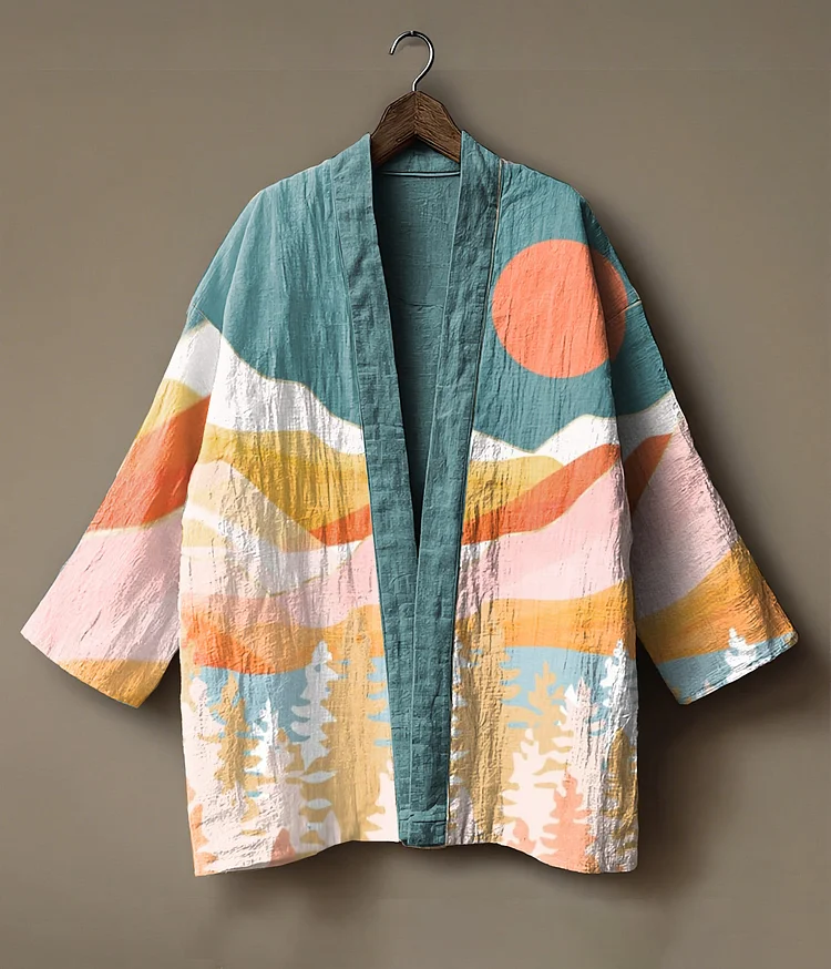 Abstract landscape-themed printed linen andong cardigan
