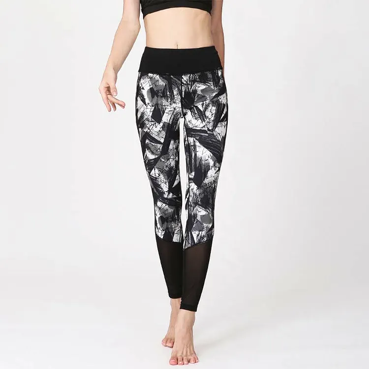 White Black Ink Brush Lines Print Sports Fitness Mesh Leggings Women's Yoga Pants
