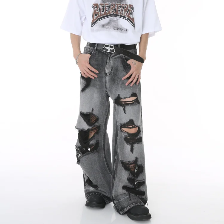 High Street Hip-Hop Ripped Beggars Wide Mop Denim Trousers at Hiphopee