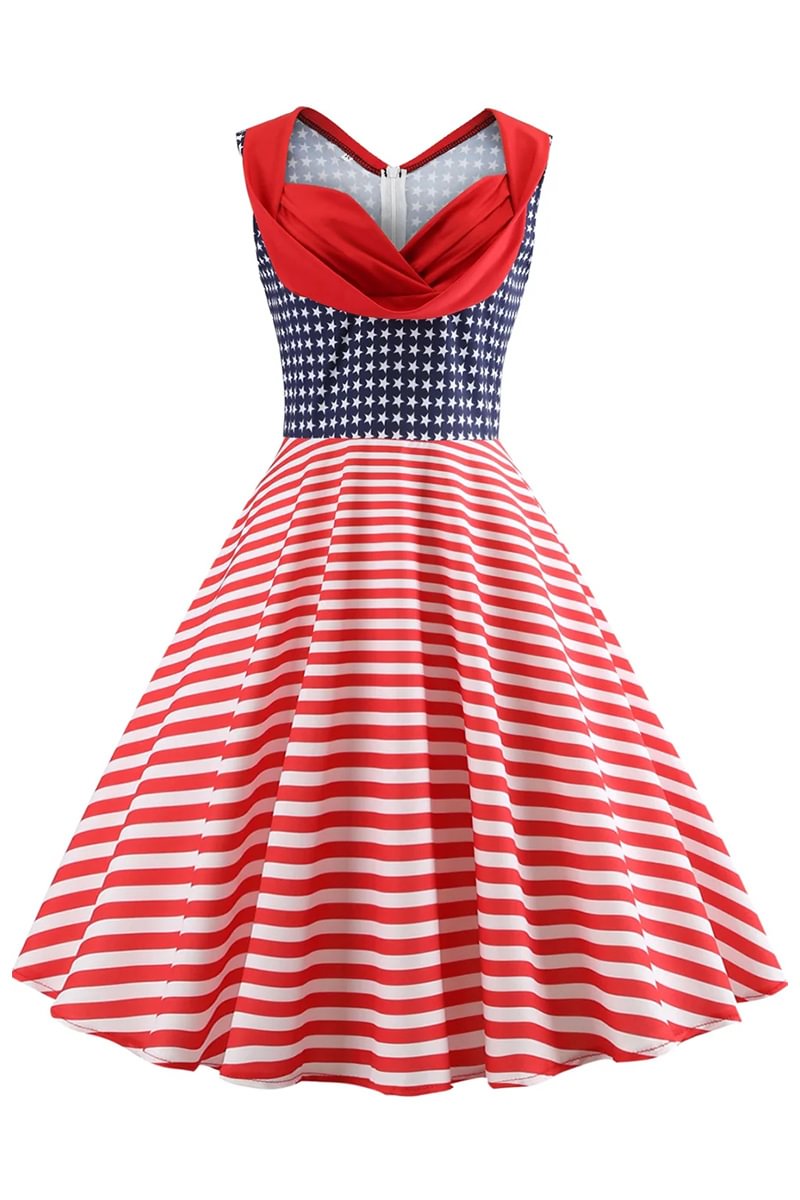 1950s Red Sleeveless Stars Striped Print Midi Dresses