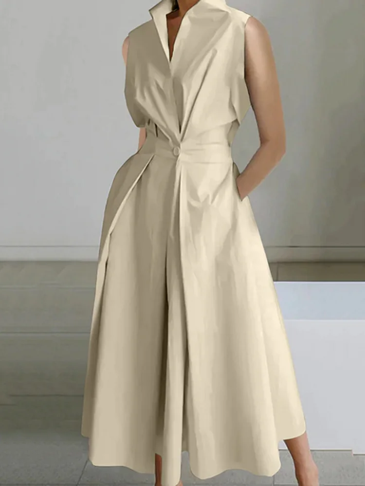 Elegant V Neck Button Pocket Sleeveless Cinch Waist Midi Dress