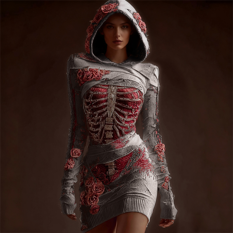 Classy Skeleton Anatomy Bloody Roses Bandages Hooded Sweater Dress