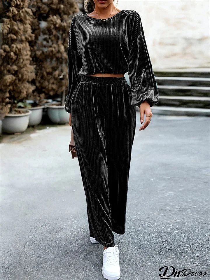 Elegant Stylish Velvet Solid Two Piece Outfit for Ladies