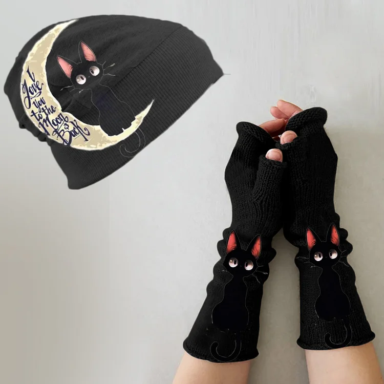 (Ship within 24 hours)Vintage print knitted hat + fingerless gloves set