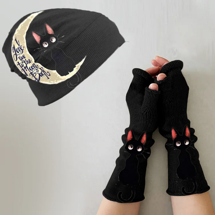 （Ship within 24 hours）Vintage print knitted hat + fingerless gloves set