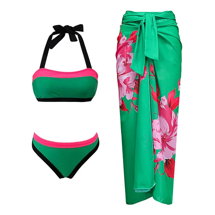 Flaxmaker Halter Color Block Bikini Swimsuit and Sarong
