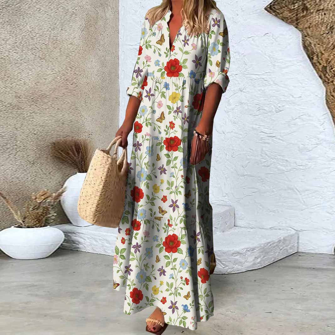 Women Floral,Red,Blue DZDN0257 SPU Printed Long Sleeve V-neck Maxi Dress