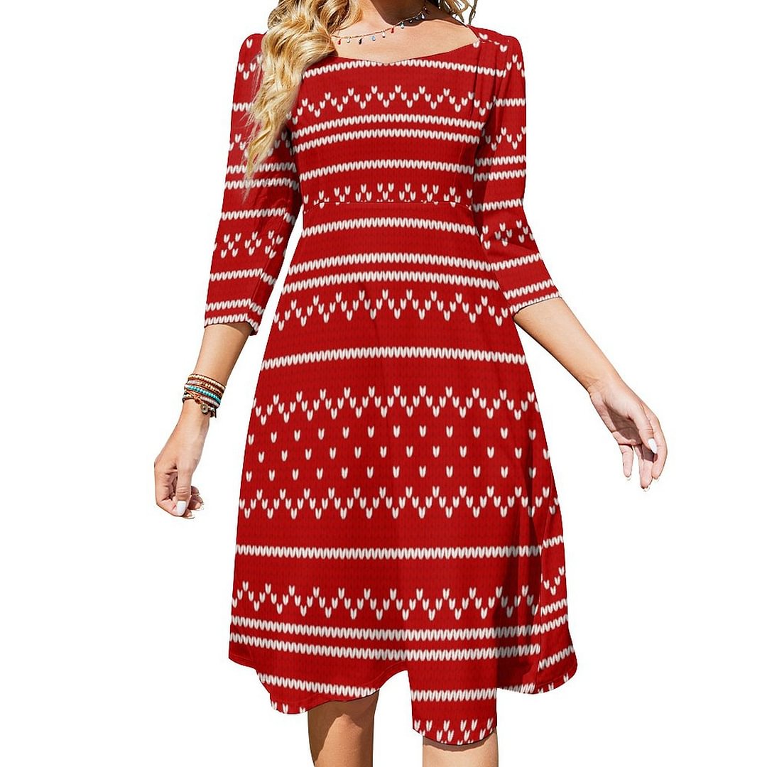 Red White Christmas Holiday Knitted Pattern Dress Sweetheart Tie Back Flared 3/4 Sleeve Midi Dresses