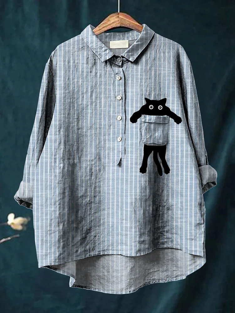 Womens Black Cat Stripe Art Print Casual Cotton And Linen Shirt