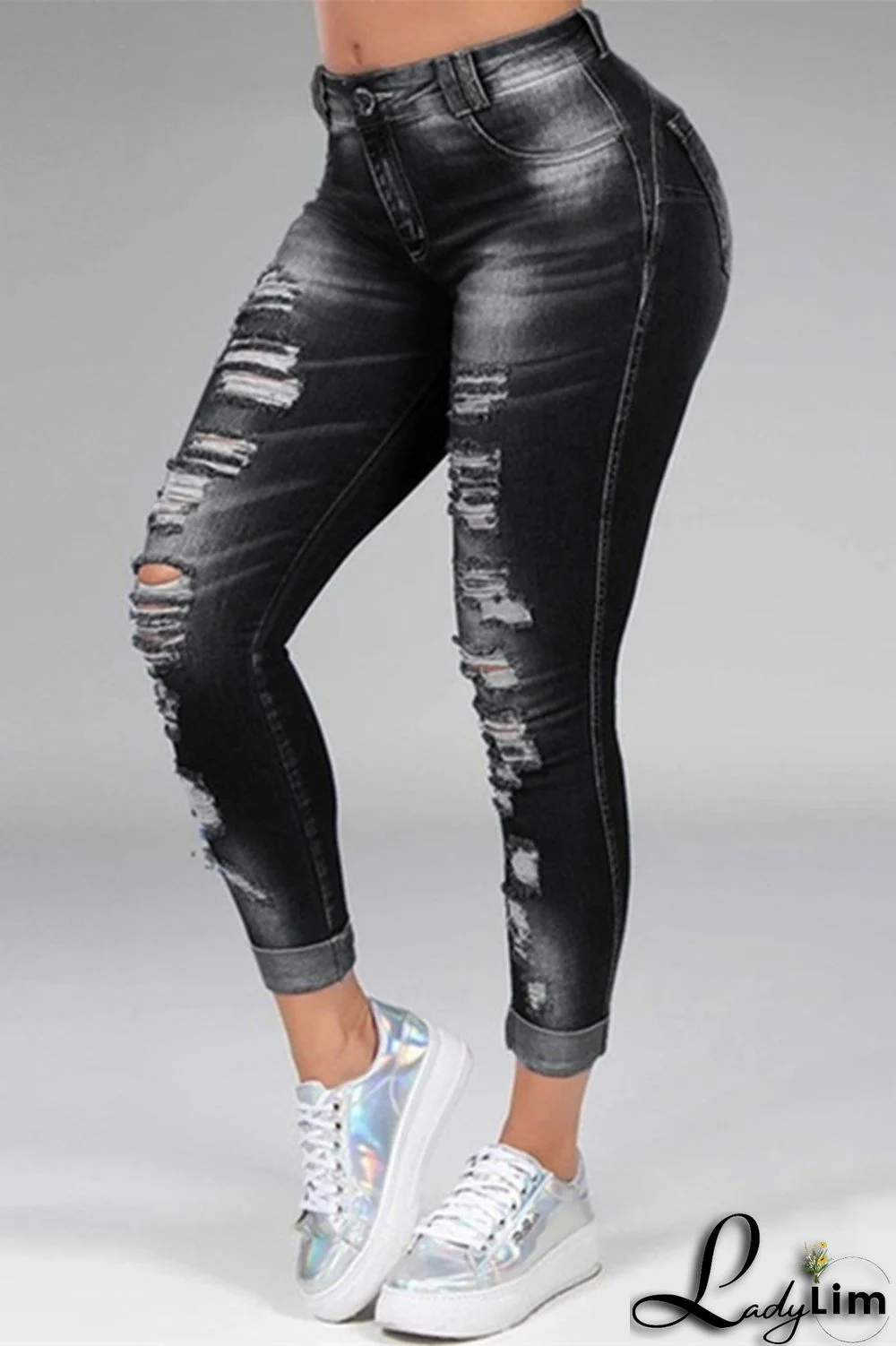 Black Fashion Casual Solid Ripped Mid Waist Skinny Denim Jeans