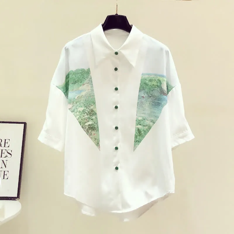 Chic Painting Print Chiffon Lapel Shirt Workwear
